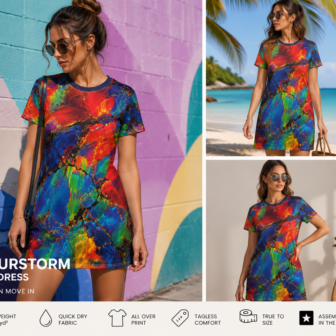 A women's short-sleeve T-shirt dress with a vibrant multicolor abstract paint-splatter print. The image is a collage showing the dress worn by a model in three settings: against a colorful painted brick wall, on a tropical beach, and in a sunlit room.