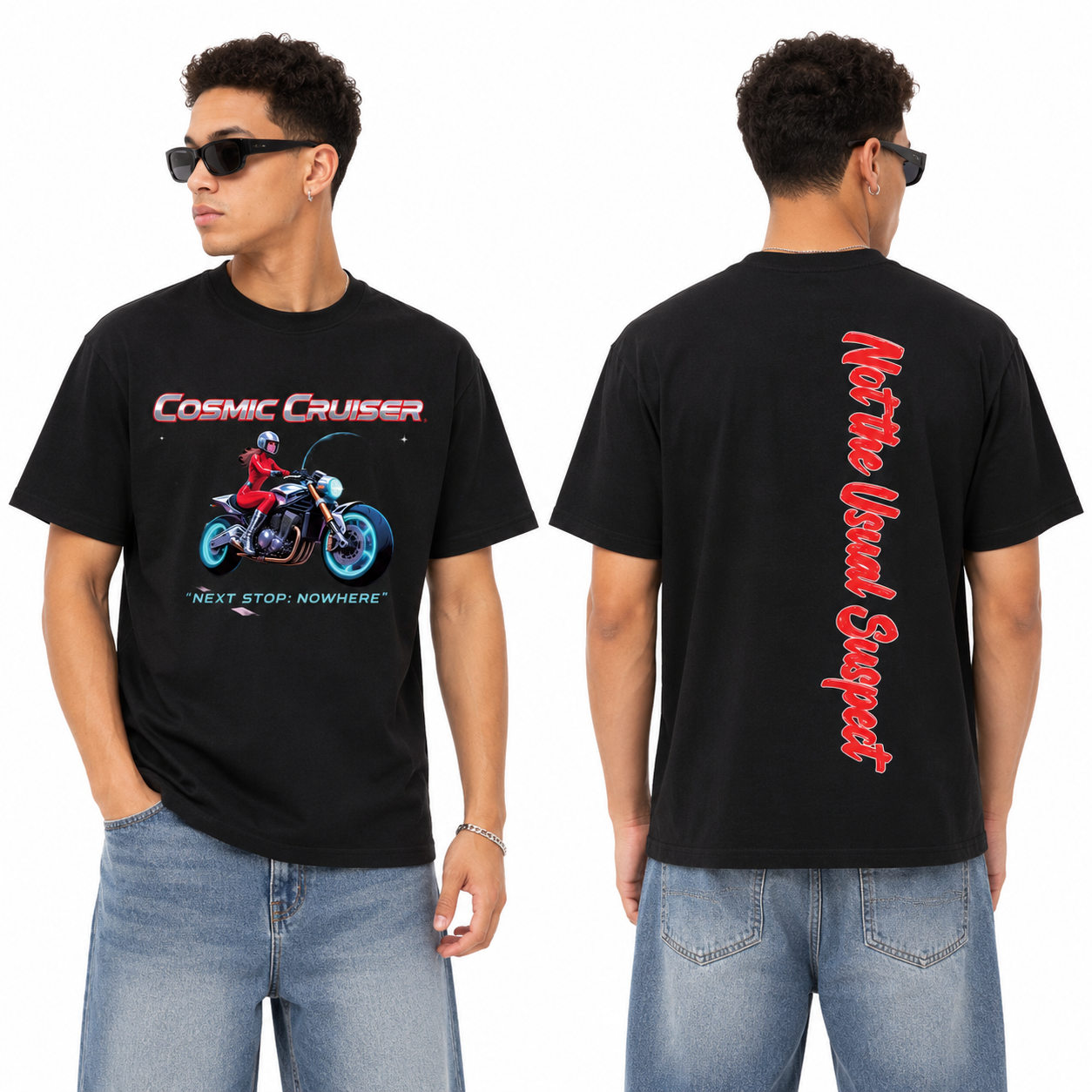A man modeling a black graphic t-shirt from both the front and back views. The front features a graphic of a red and blue chopper motorcycle with the text 'Cosmic Cruiser' and 'NEXT STOP: NOWHERE'.