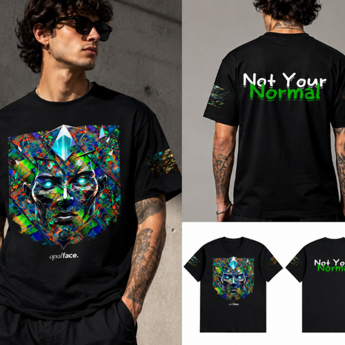 A collage showing a man wearing a black graphic T-shirt from the front and back, plus two smaller front/back views in the bottom right. The shirt has a large colorful abstract face graphic on the front and white and green text reading 'Not Your Normal' on the back and lower front.