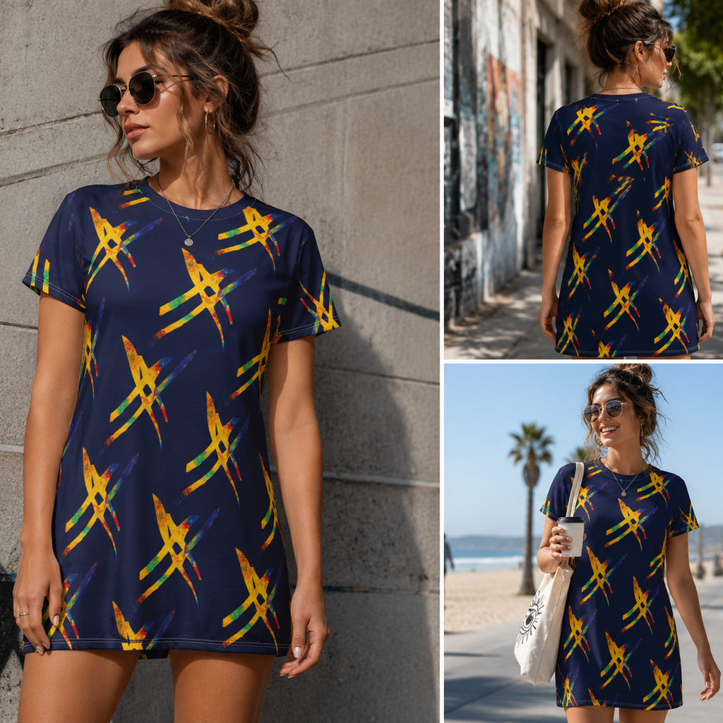 A woman modeling a short-sleeve navy mini dress with a yellow, orange, and green abstract pattern, shown in a three-panel collage against a concrete wall, a street, and a beach boardwalk.