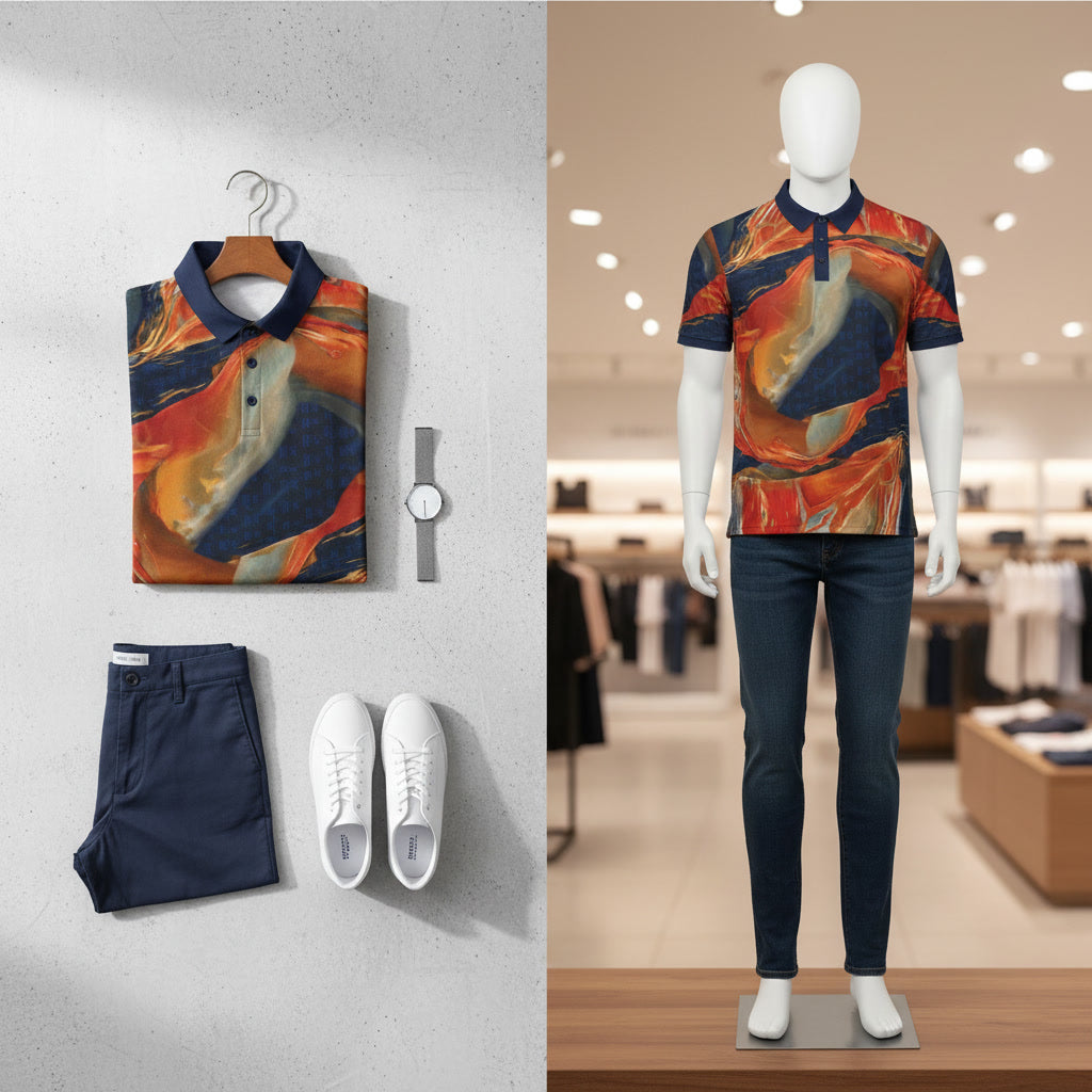 Not Typical Opal Fluid Art Polo Shirt Red Orange Navy Swirl