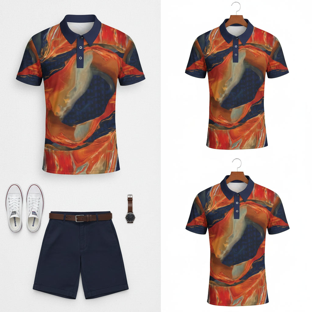 Not Typical Opal Fluid Art Polo Shirt Red Orange Navy Swirl