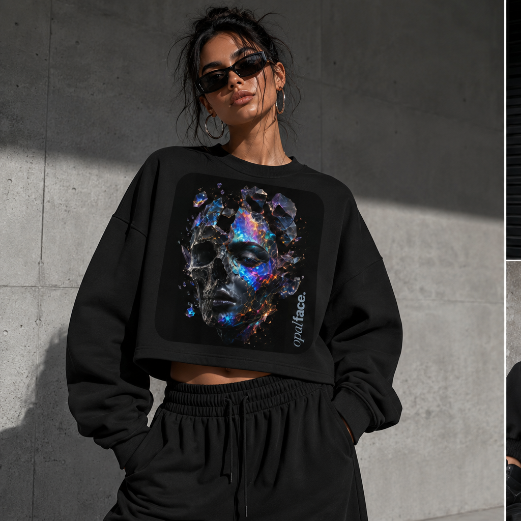 A model wears a black cropped sweatshirt with a large colorful skull graphic on the front, shown in a three-panel collage against a concrete wall. The panels show the front view, back view, and seated view.