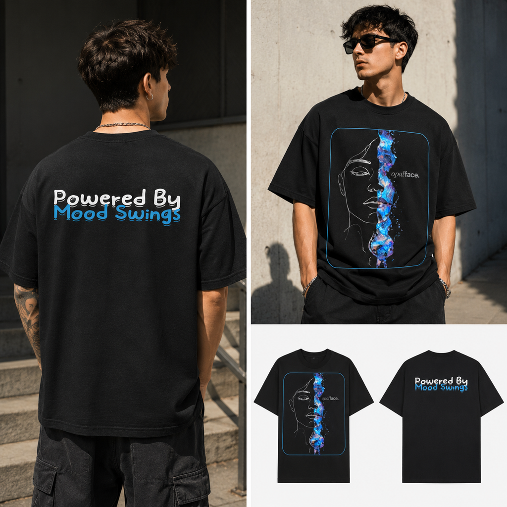 A black graphic T-shirt shown from both front and back on a model, with two smaller inset views at the bottom. The back has white and blue text reading 'Powered By Mood Swings.