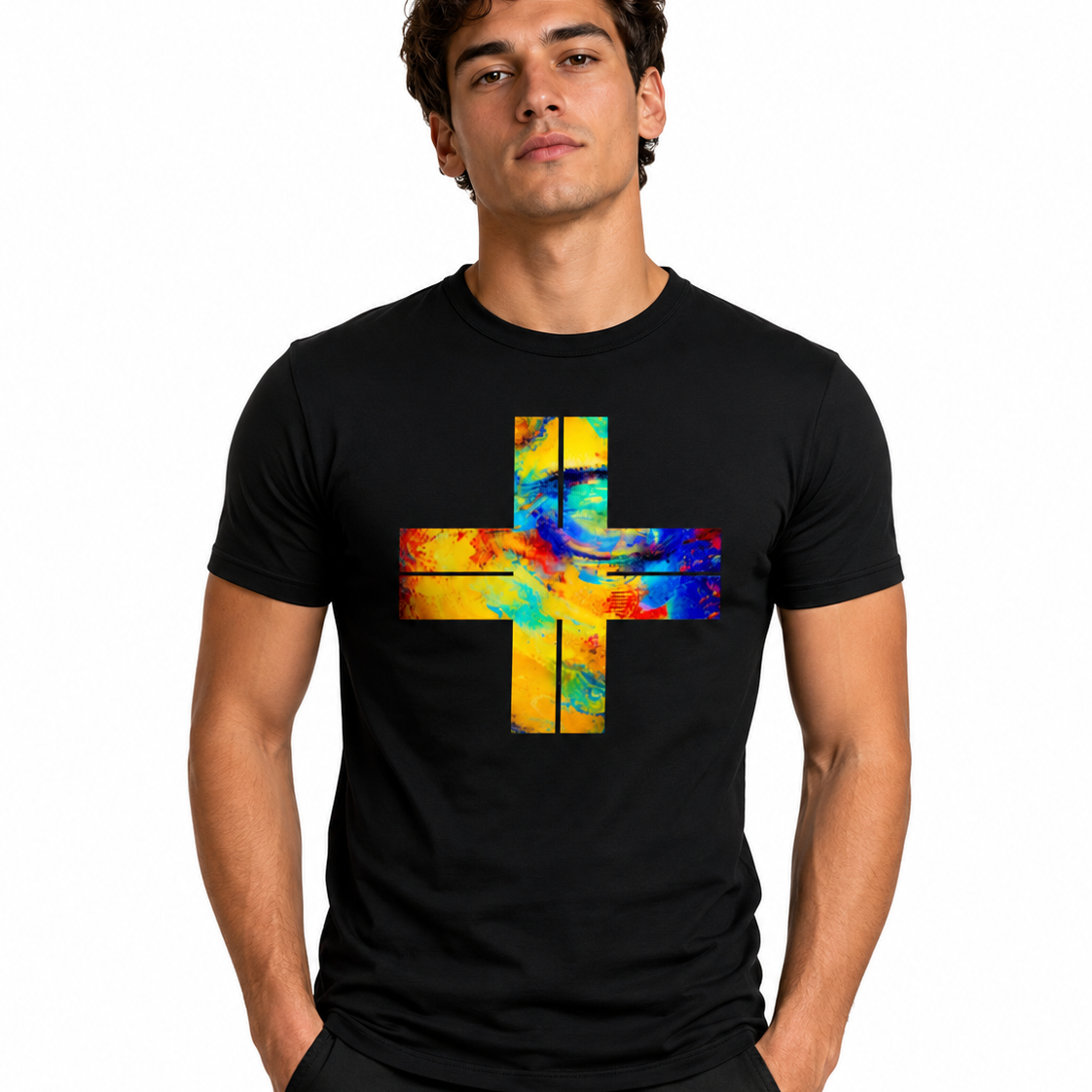 A man wearing a black crew-neck t-shirt with a colorful cross graphic on the chest, set against a plain white background.
