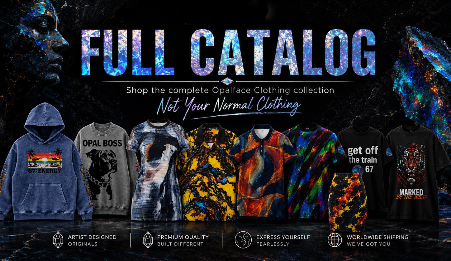 Promotional banner for the Opalface Clothing Full Catalog, showcasing a variety of graphic t-shirts, hoodies, and t-shirts with vibrant, psychedelic, and surreal designs on a dark cosmic background.